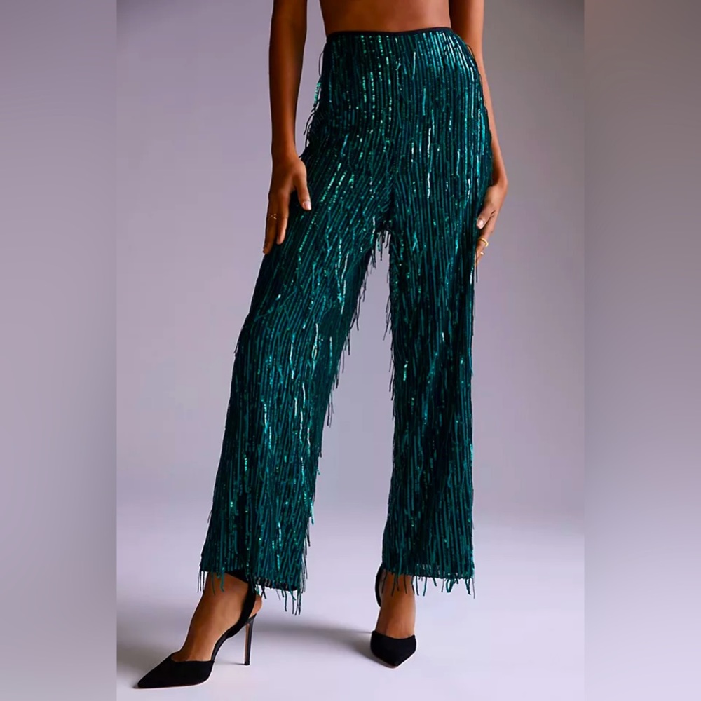 Anthropologie Maeve Forest Green Fringe Lined Pants